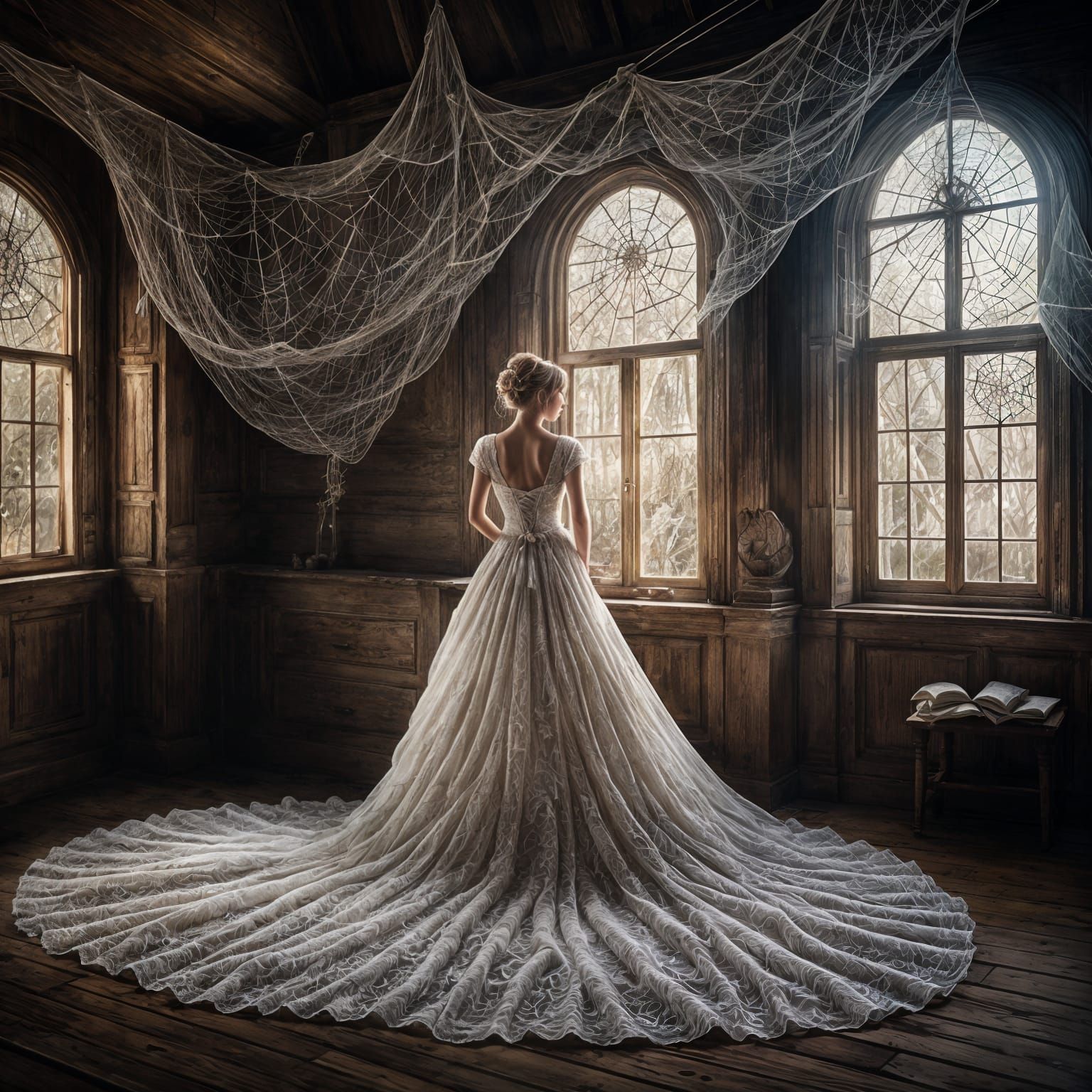 Surreal Spider Web Bride in Dusty, Old Mansion