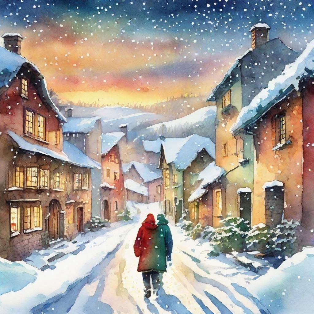 Snowy Bulgarian Village in Watercolor Comic Style