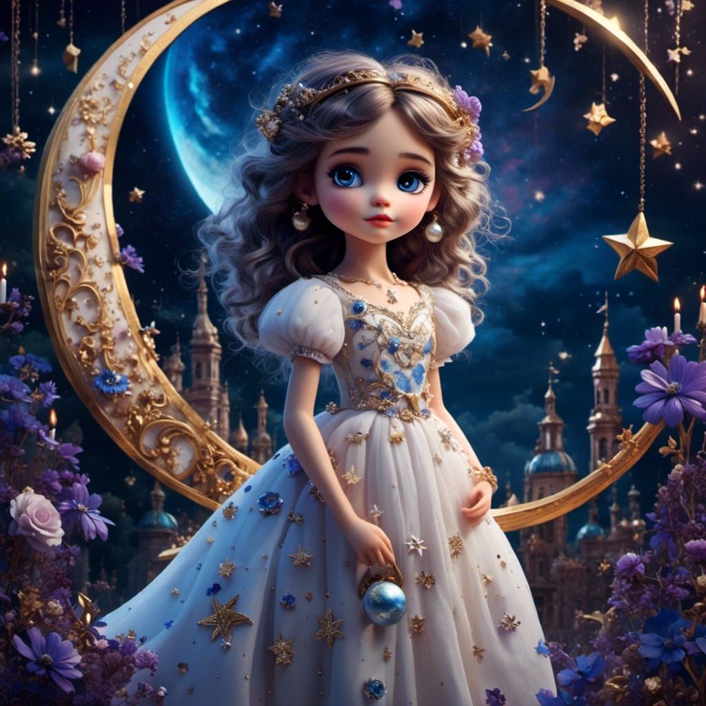 Doll-like Girl in Crescent Moon with Twinkling Stars