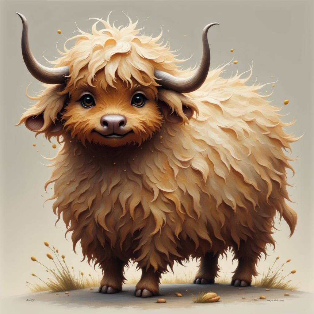 Fluffy chubby chibi Highland yak. Thick brush strokes,  textured fur <lora:TexturedFlux:1.0> <lora:My pets:1.0>