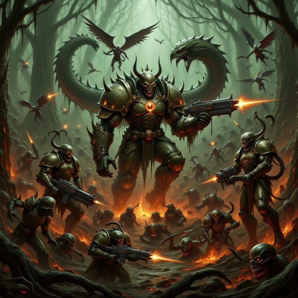 Space Marines Engage Imps in Hellish Swampland Battle