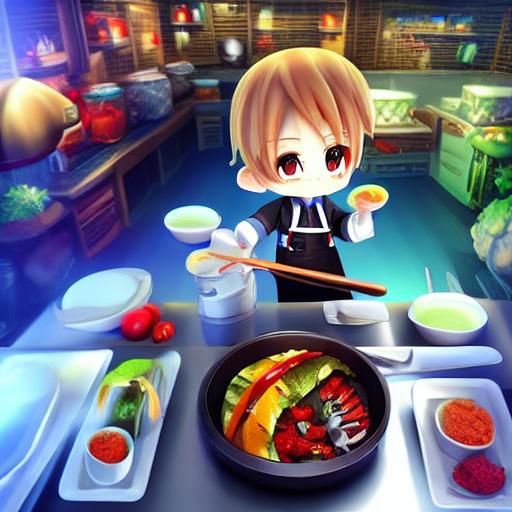 Chibi Worm Chef in Kitchen: 3D Anime Concept