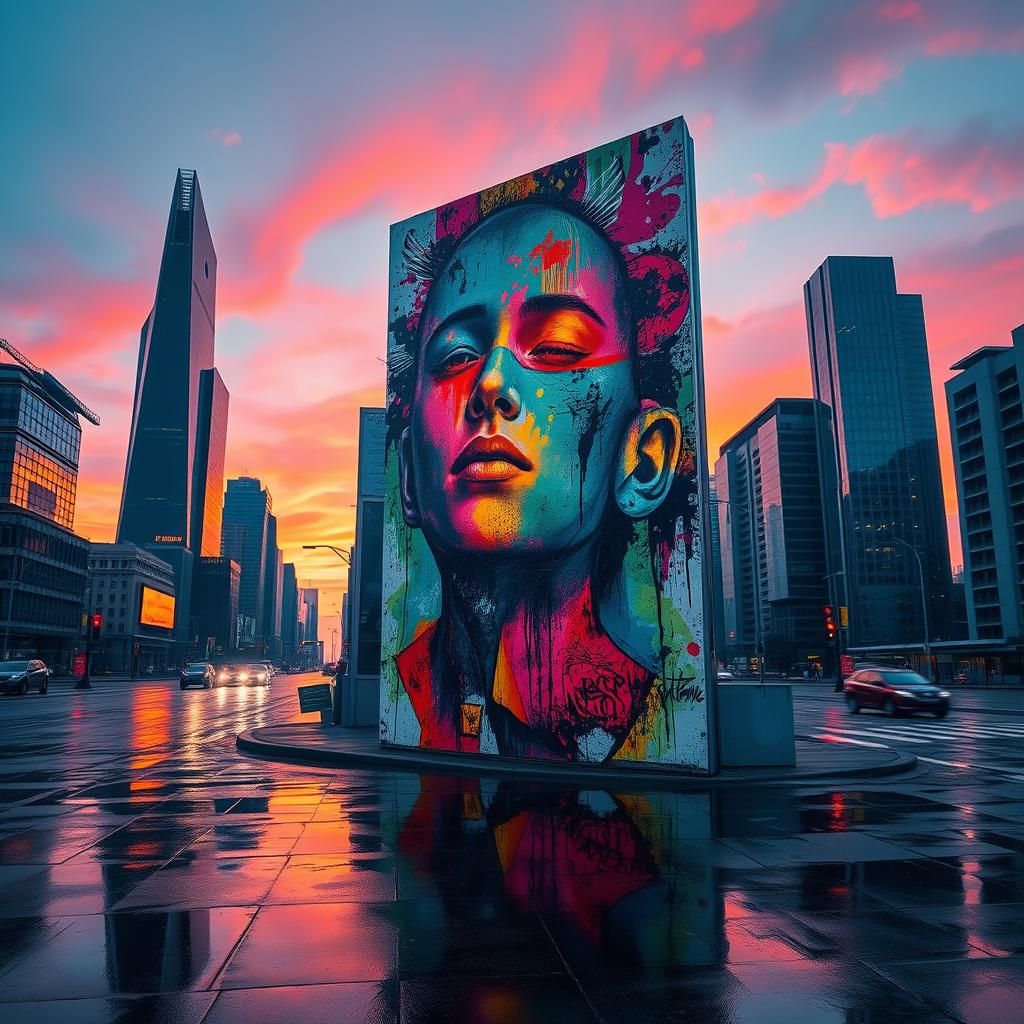 Futuristic Cityscape Mural in Cyberpunk Style