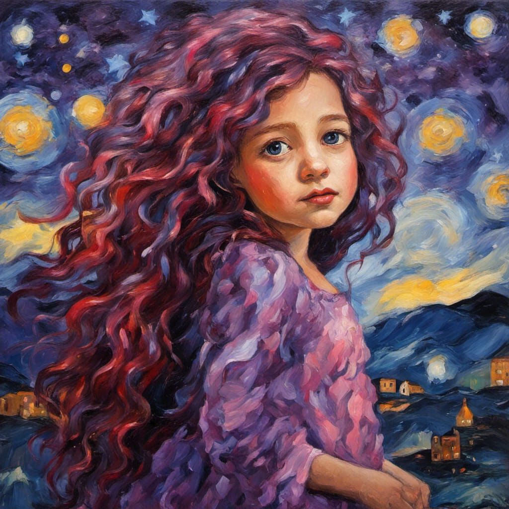 Fairy Girl with Cranberry Hair, Neo-Impressionist Oil Painti...
