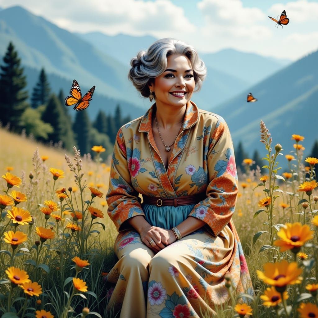 Warm Grandma in Vibrant Mountain Meadow