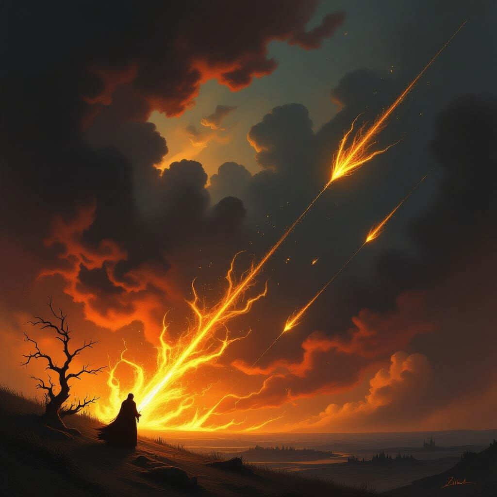 Flaming Arrows Pierce Dark Sky as Painting