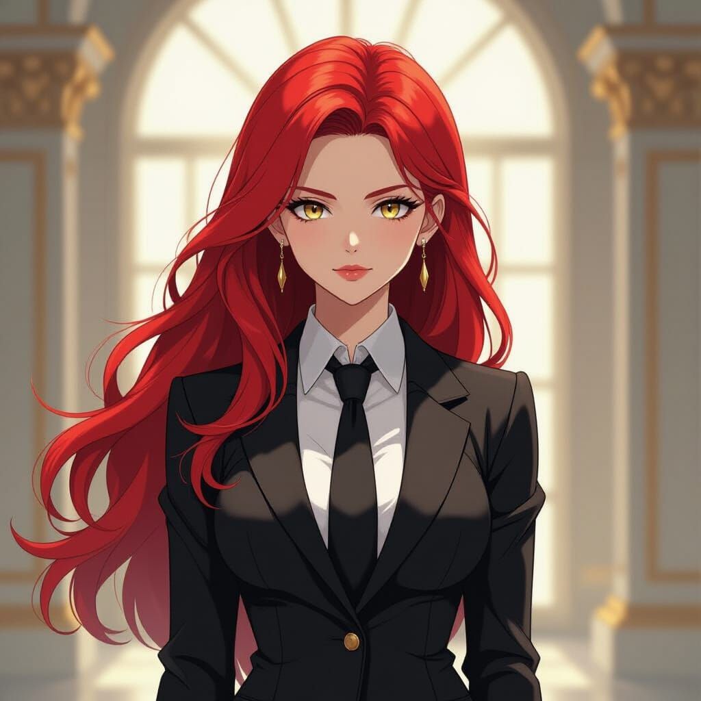Anime-Inspired Woman with Red Hair and Golden Eyes