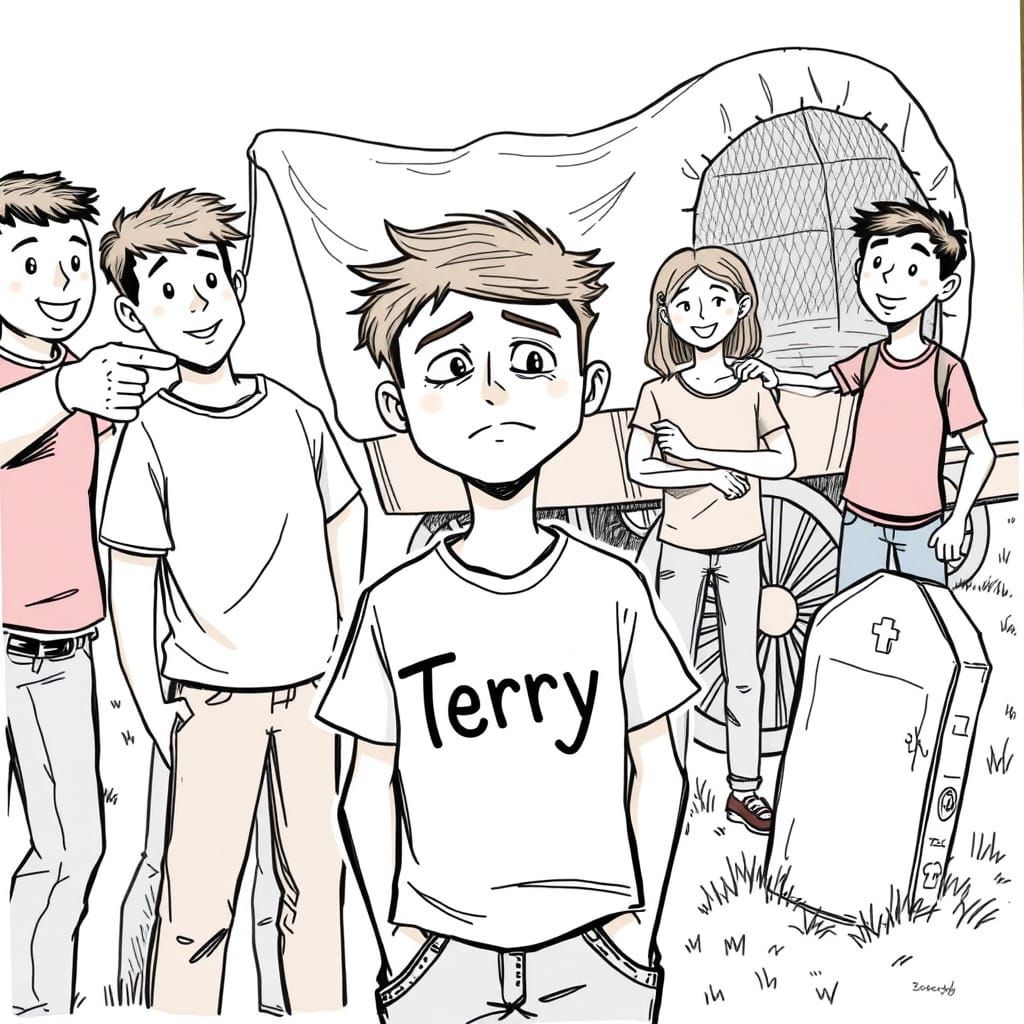 Unhappy Teenager Mocked by Peers in a Covered Wagon Setting