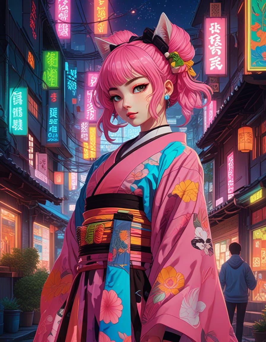 Whimsical Geisha Cat Girl in Vibrant Kawaii Festival Scene