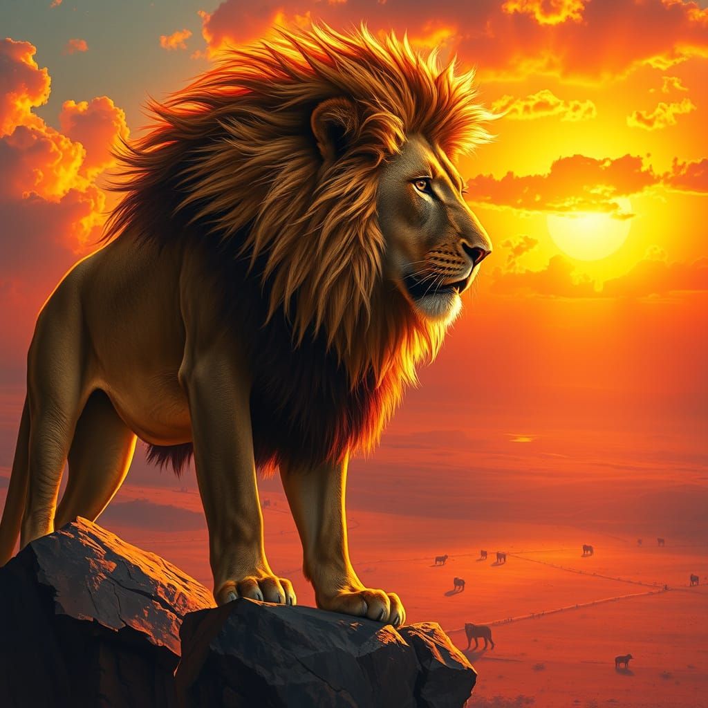 Majestic Lion with Flaming Mane Overlooking Savanna