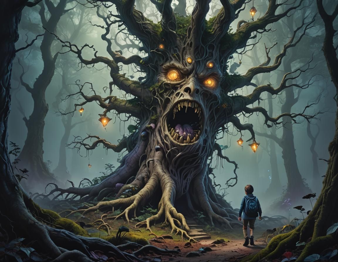 Twisted Tree Chases Child in Surreal Digital Painting