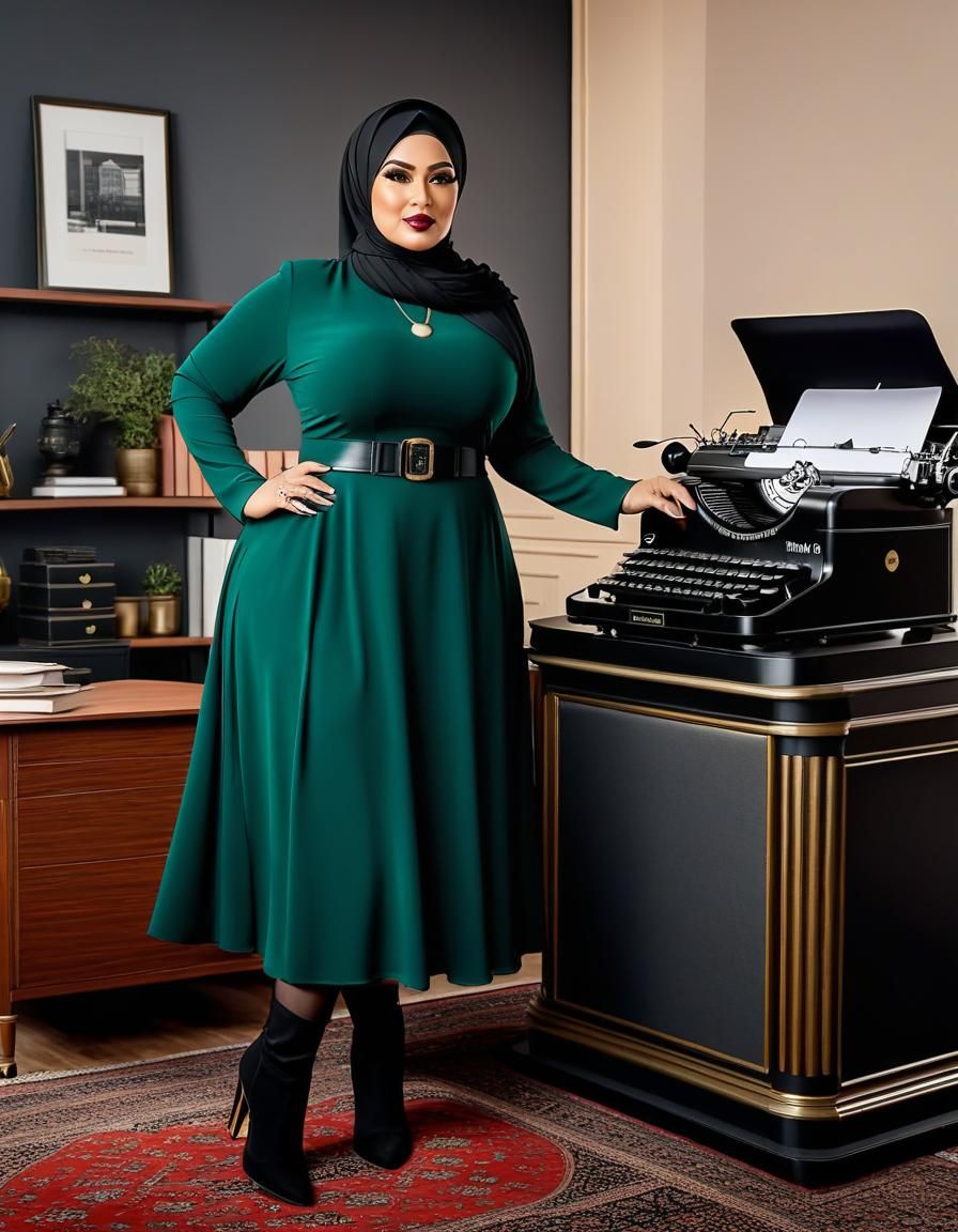 Curvy Woman in Hijab at Vintage Office Typewriter
