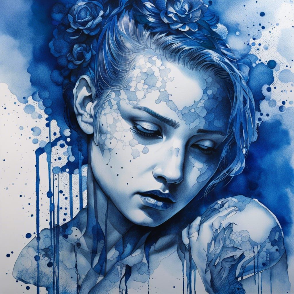 Sad Tattoo Model Sculpture in Blue Watercolor Style