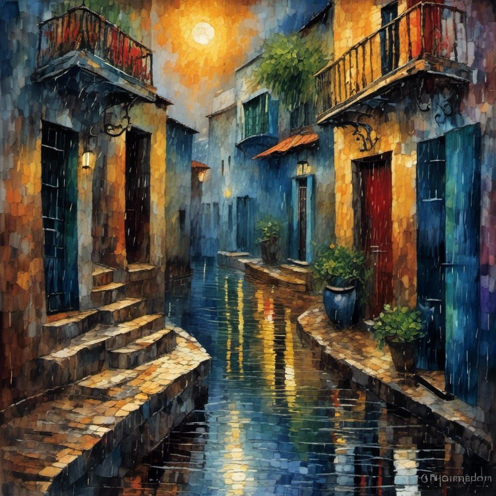 art by Frida Kahlo and Vincent 
Van Gogh, narrow dark alleyw...