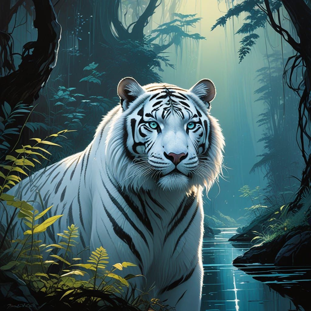 Mystical White Tiger Radiates Ethereal Glow