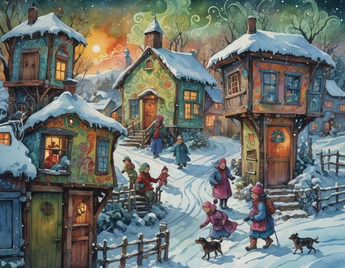 Whimsical Winter Village in Watercolor Comic Style