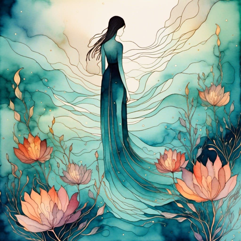 Mystical Water Bender in Watercolor Abstract Style