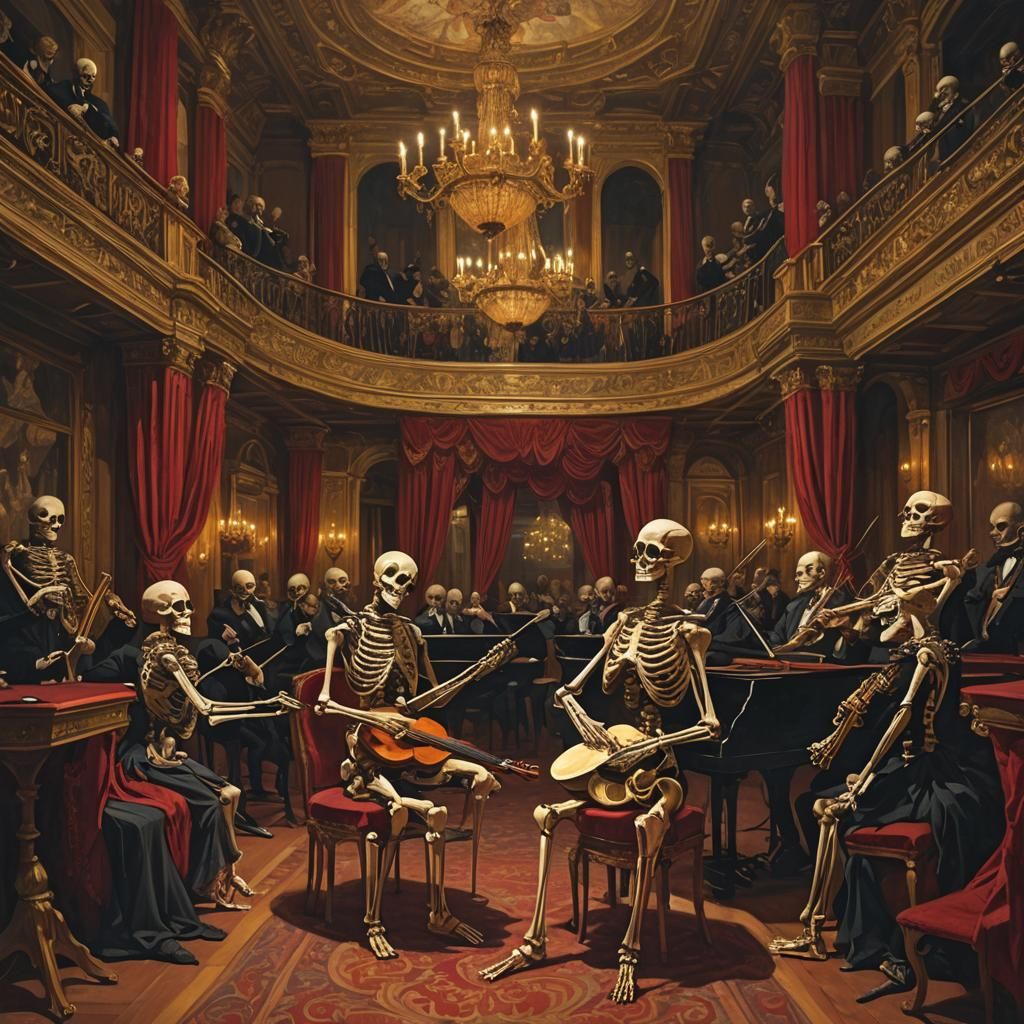 Skeleton Orchestra on Opera Stage in Somber Surrealism