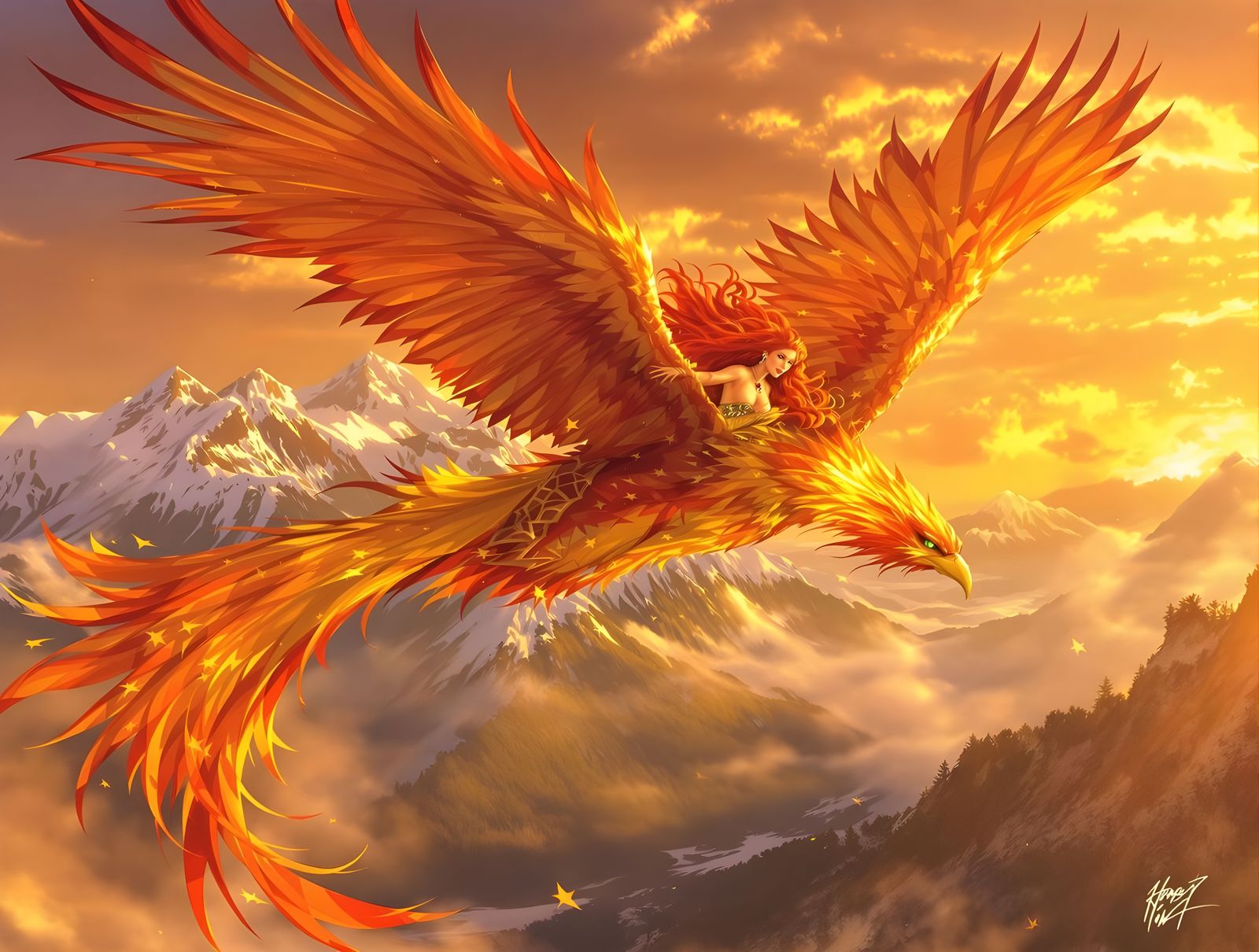 Woman Riding Phoenix in Sunset, Oil Painting