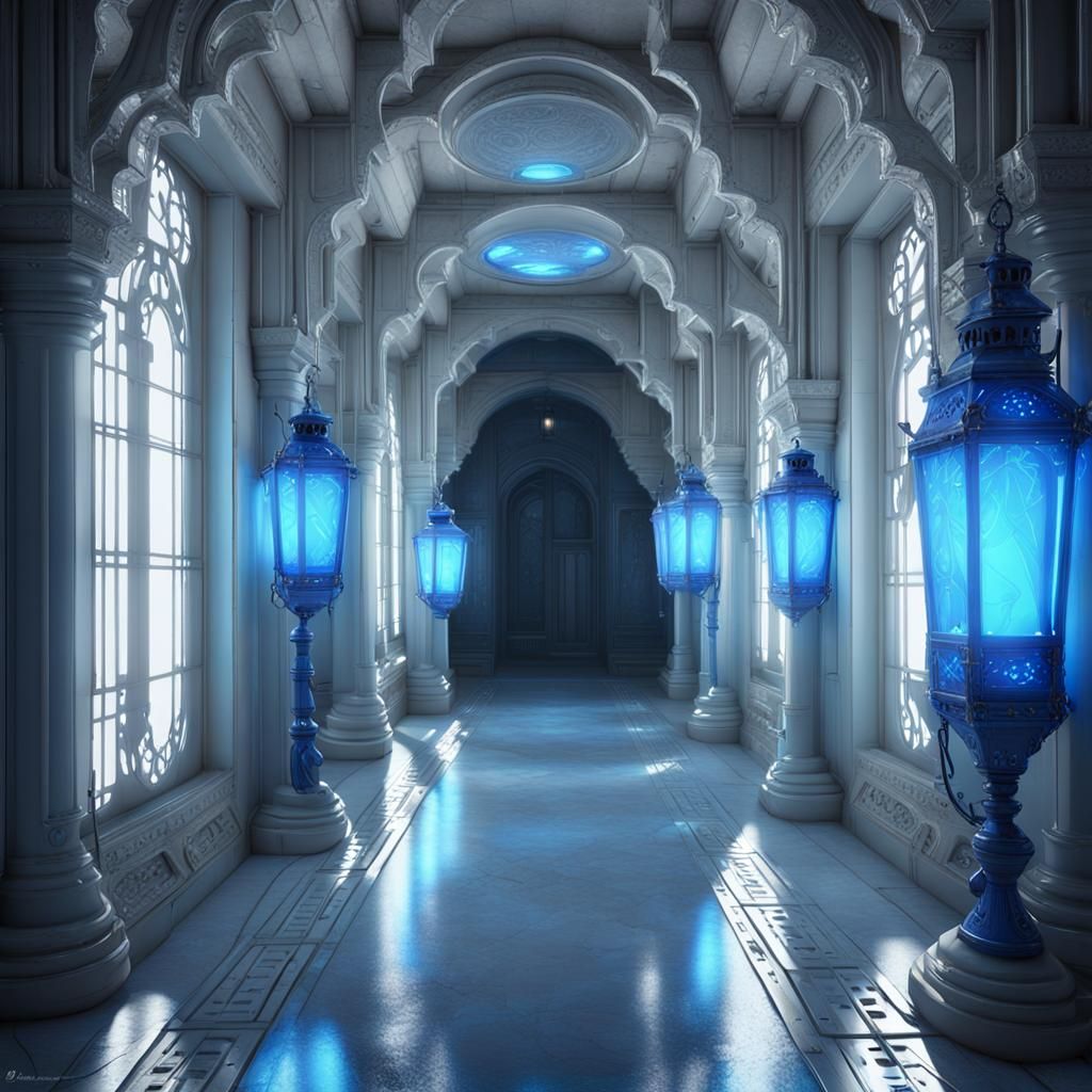 white porcelain lanterns on the walls, emitting electric blue light in a futuristic hallway, making the lanterns look we...