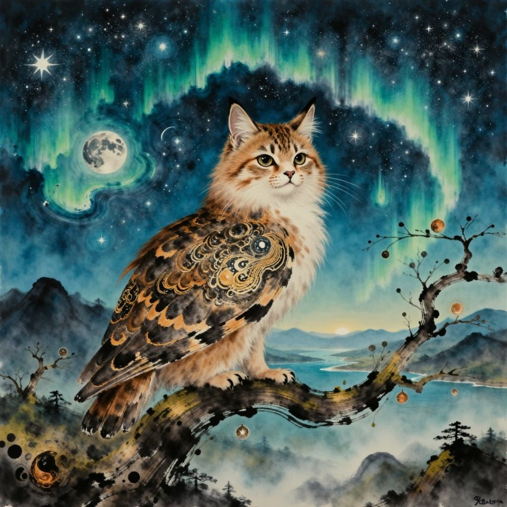 Whimsical Owl-Fox Creature in Aurora Sky