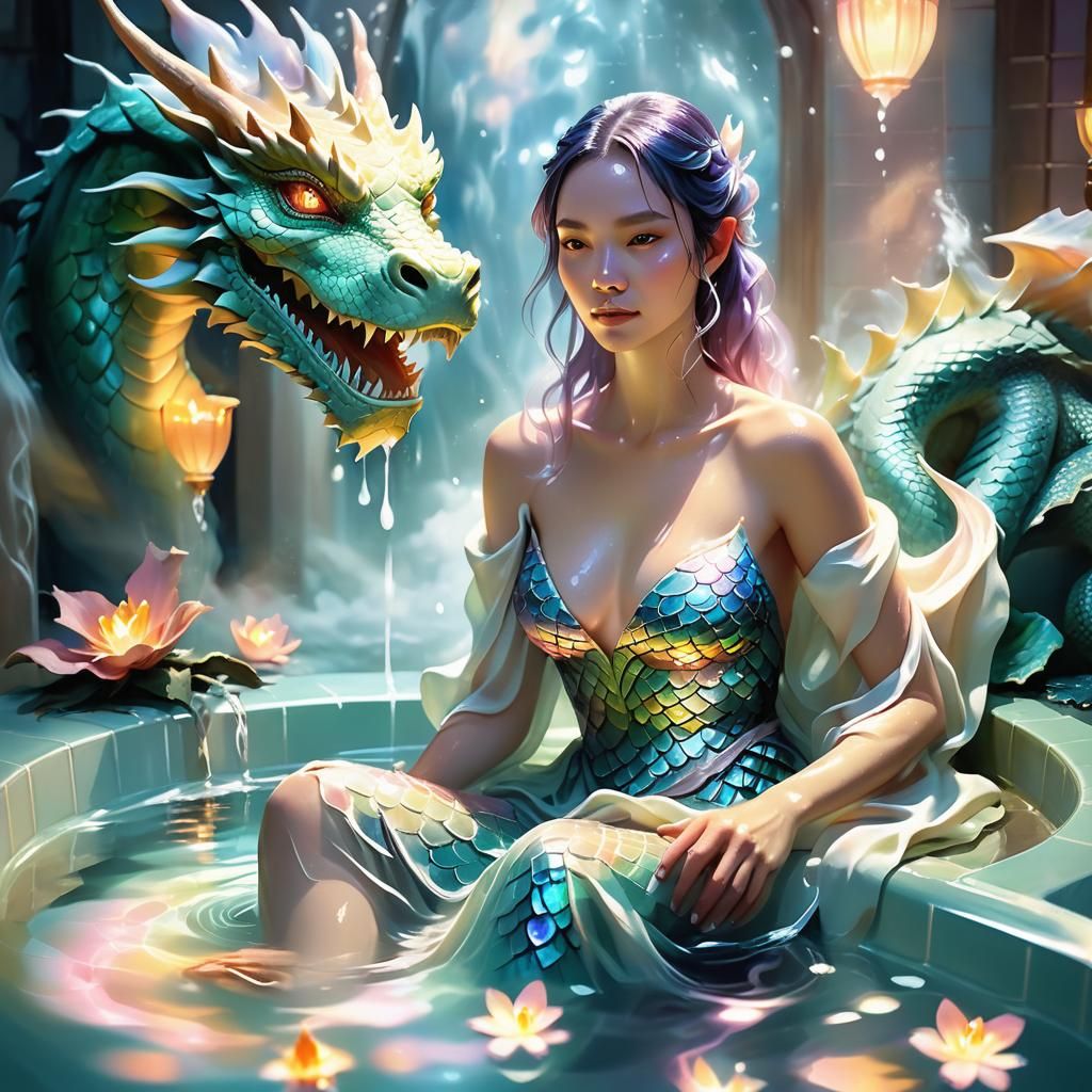 Luminous Dragon in Bath: Fantasy Illustration