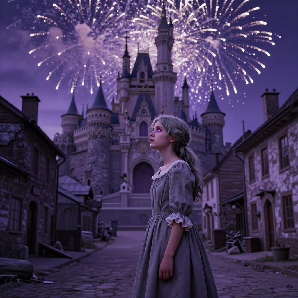 Baroque Girl Gazes at Castle Amidst Fireworks