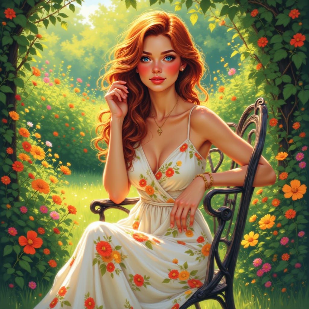 Impressionistic Oil Painting of Woman in Blooming Garden