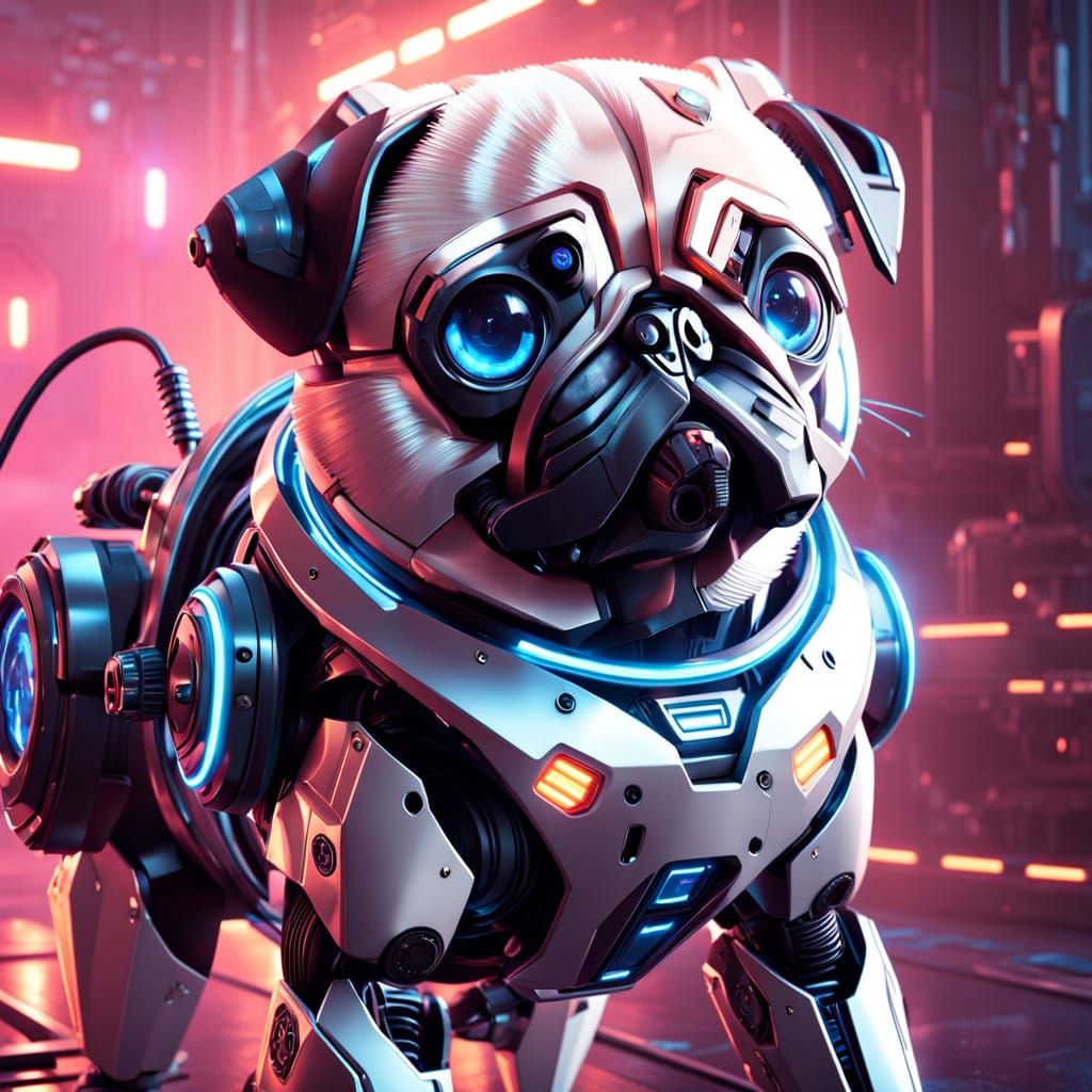Cinematic Robot Pug in Atmospheric Sci-Fi Setting
