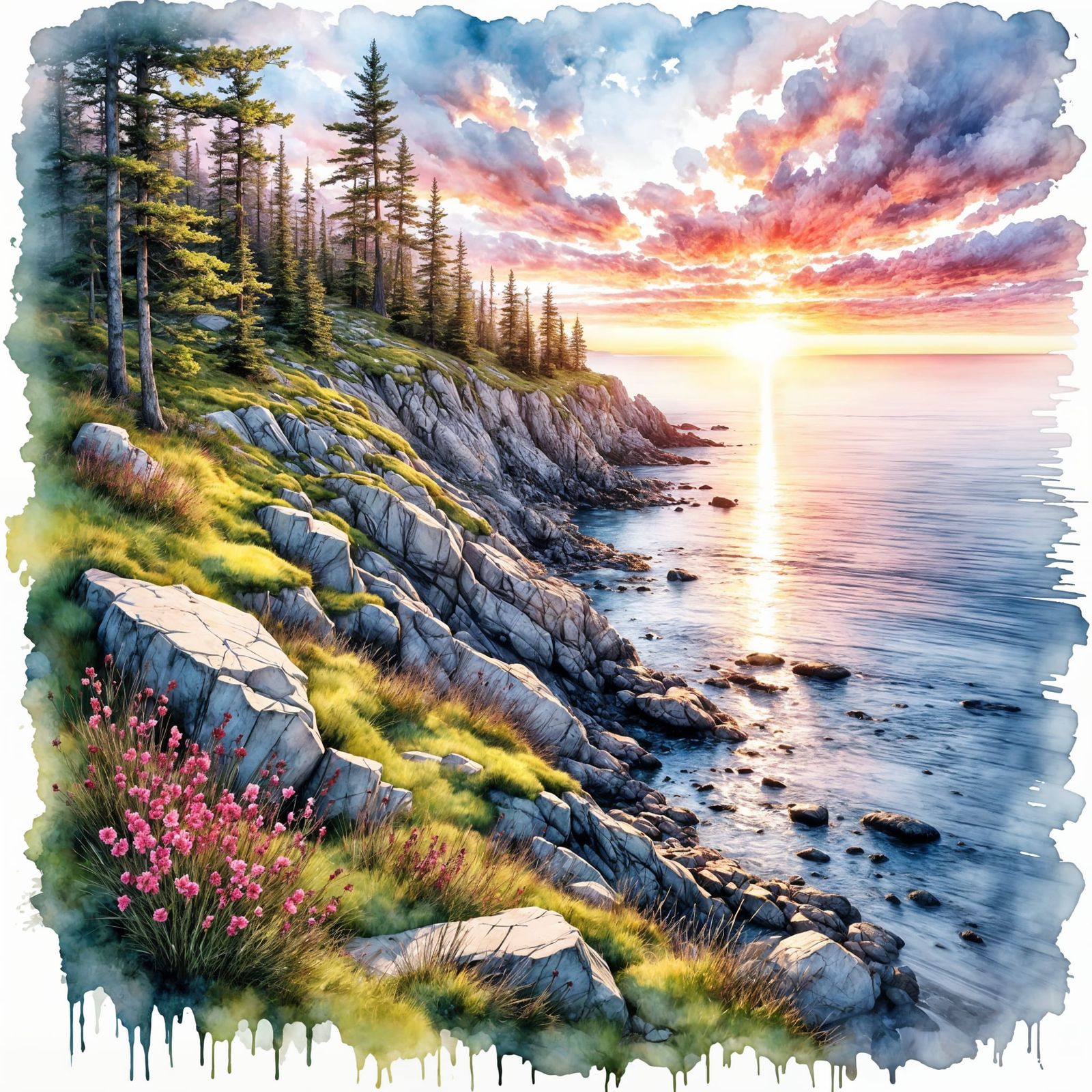 Acadia National Park at Dawn in Ink Crosshatching