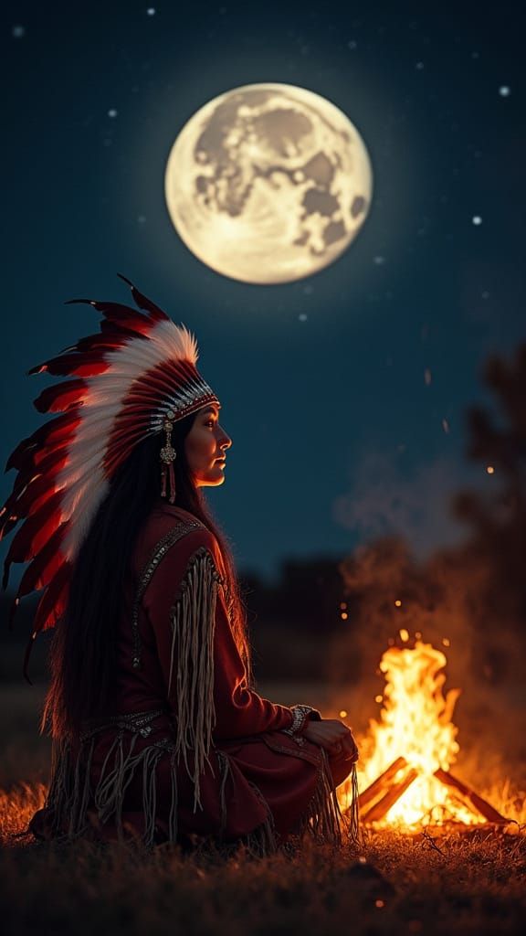 Native American Warrior under Full Moonlit Sky