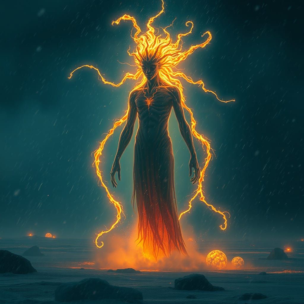 Spectral Entity Radiates Ethereal Glow Amidst Hailstorm