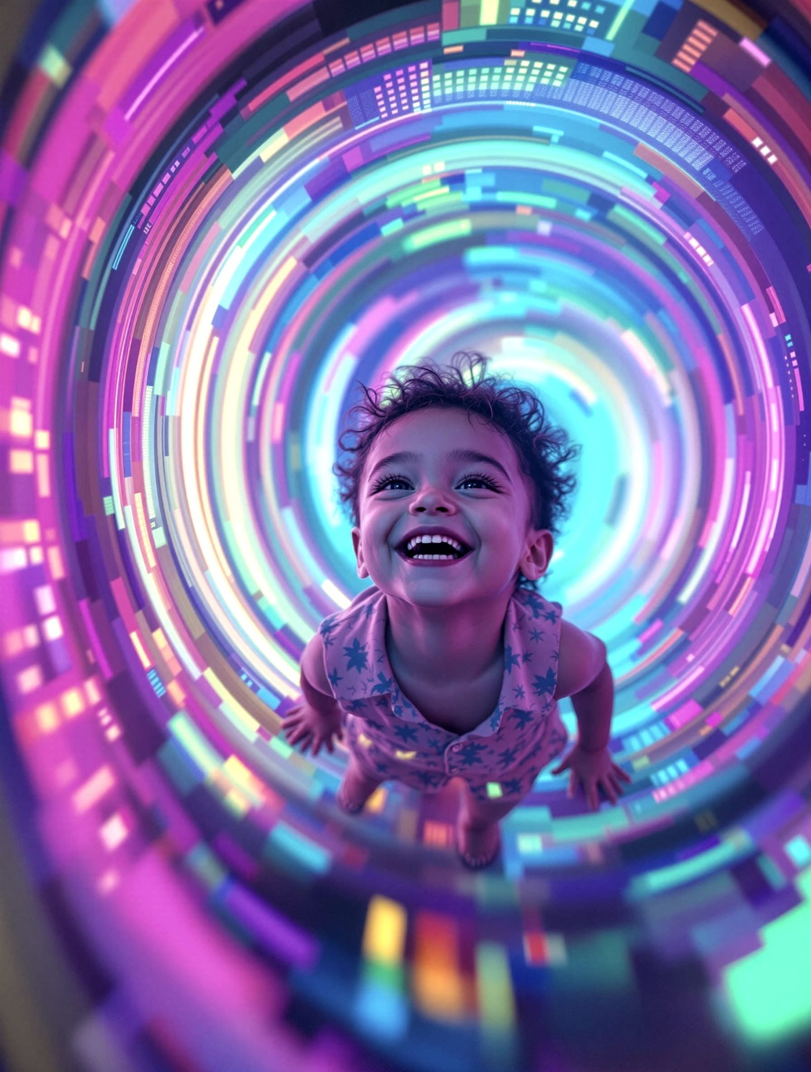 Joyful Child Reflected in Vibrant Maze of Specular Patterns