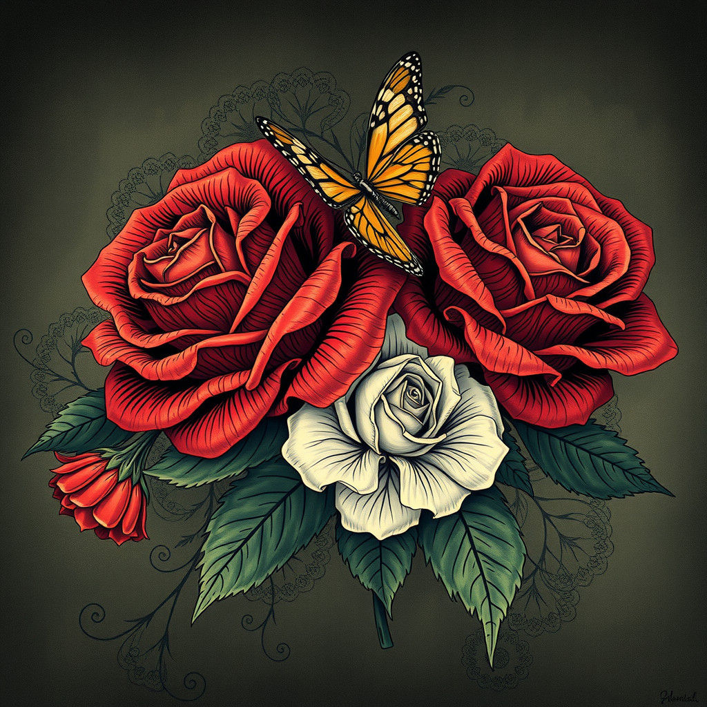 Detailed Roses and Butterflies in Zentangle Style
