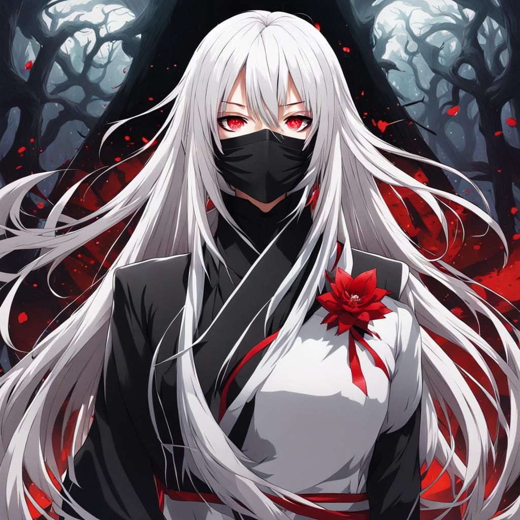 Anime Girl with White Hair, Red Eyes, Mask