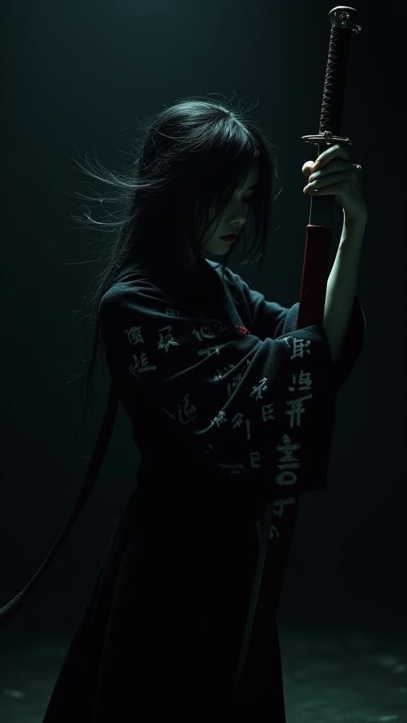 Spectral Warrior Woman with Kanji in a Dark Void