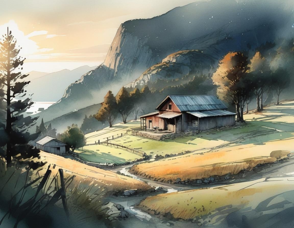 Greek Highland Farm at Daybreak: Watercolor Calligraphy