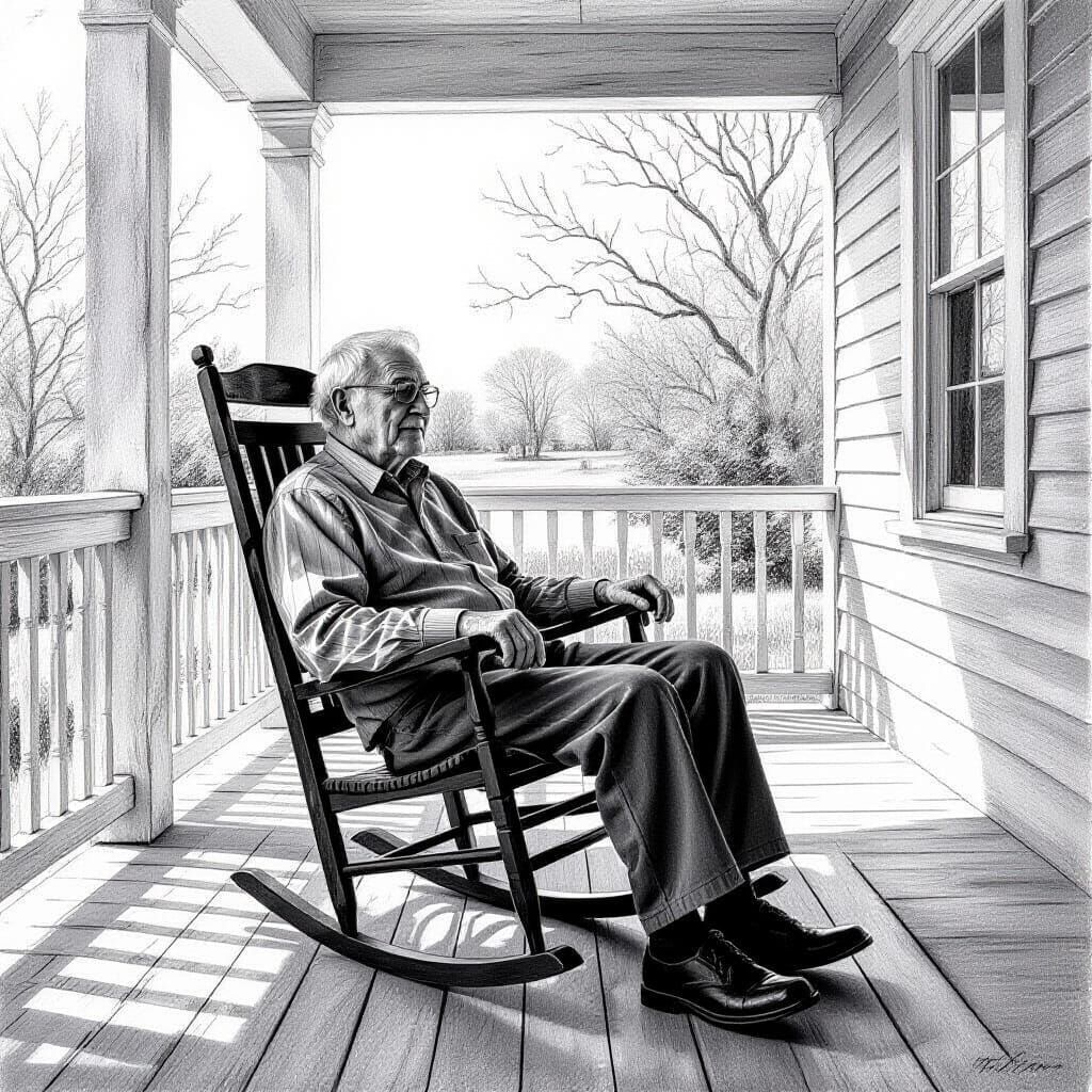 Hyperdetailed Charcoal Drawing of Elderly Man on Porch