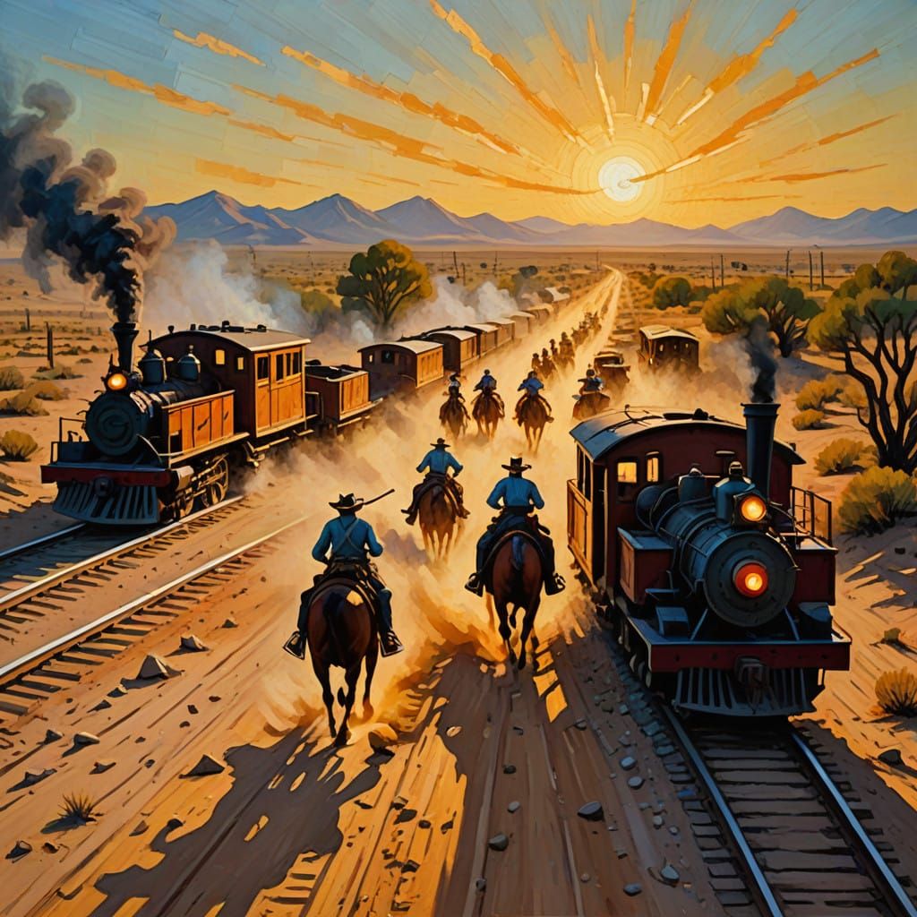 Wild West Train Ambush in Vibrant Neo-Impressionist Style