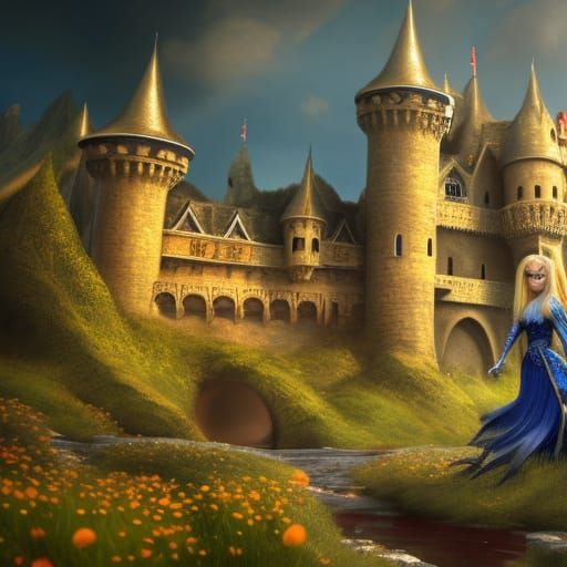 Blond Princess in Castle: Detailed Matte Painting