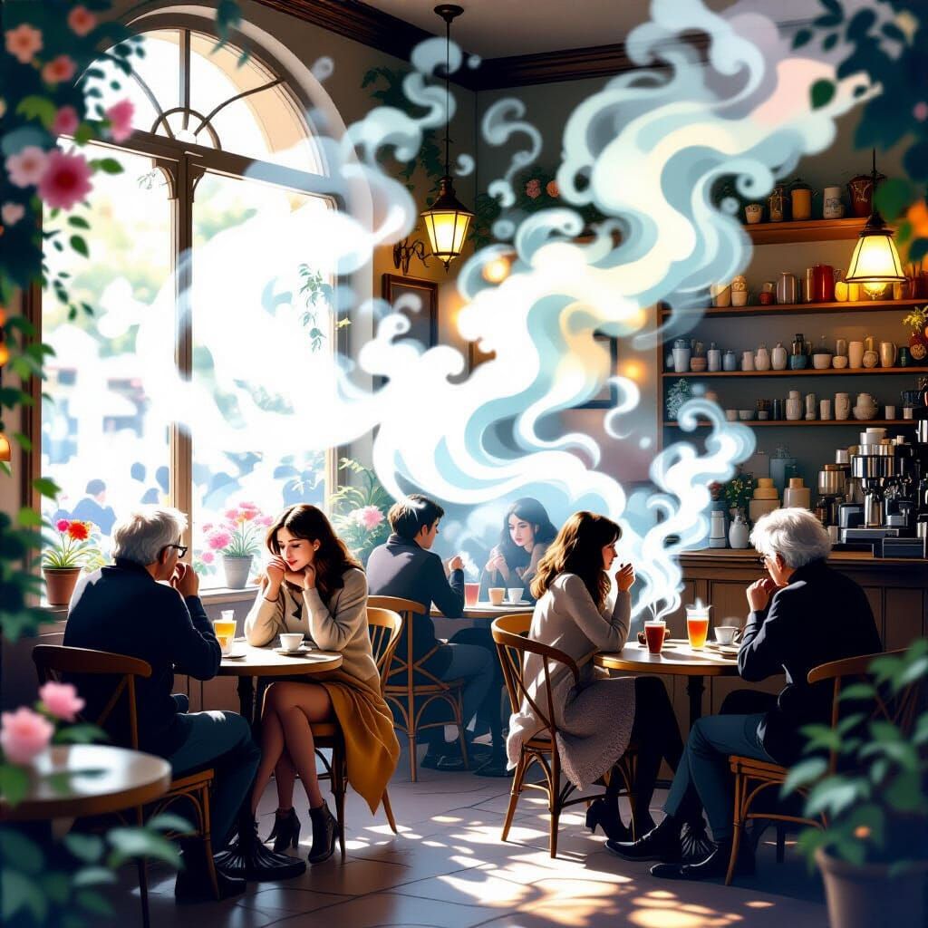 Enchanted Cafe Scene with Mystical Vapor in Ethereal Digital...