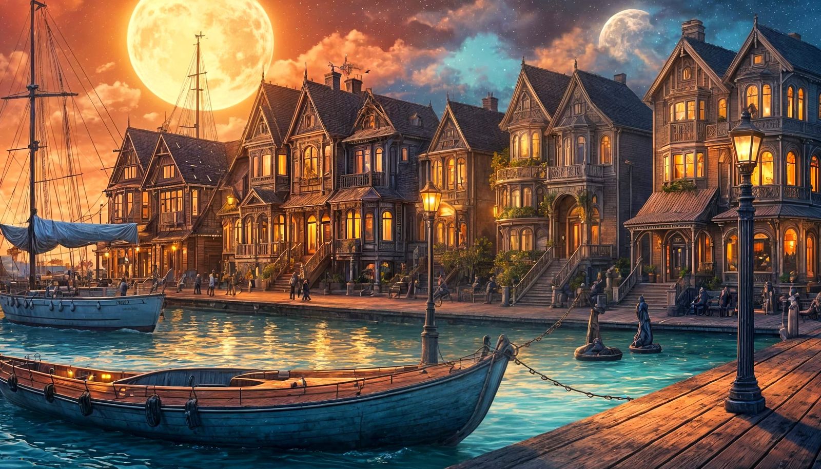 Victorian Seaside Pier with Sailboat and Starry Sky