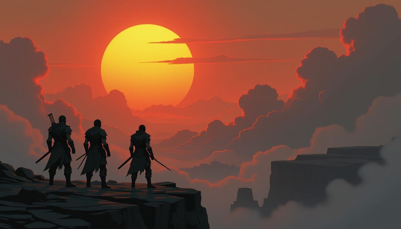 Warriors Witnessing Sunrise in Dramatic Fantasy Style