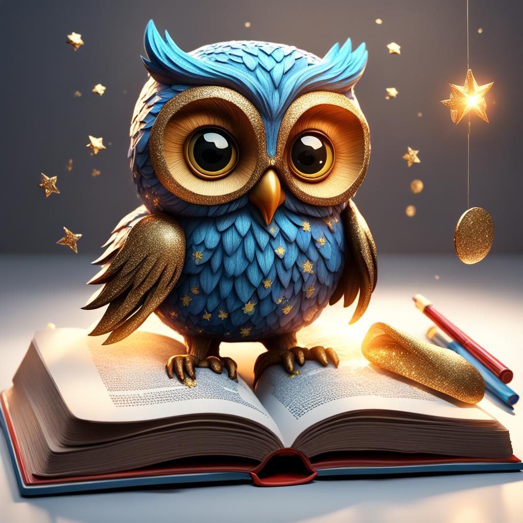 Bookish Owl in a Glittering Universe: 3D Render