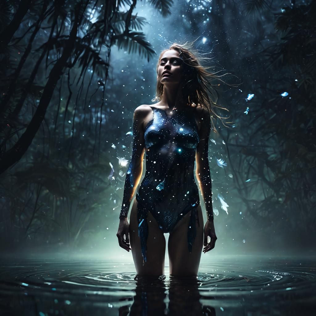 Dreamlike Woman in Galaxy Rainforest: Magic Realism