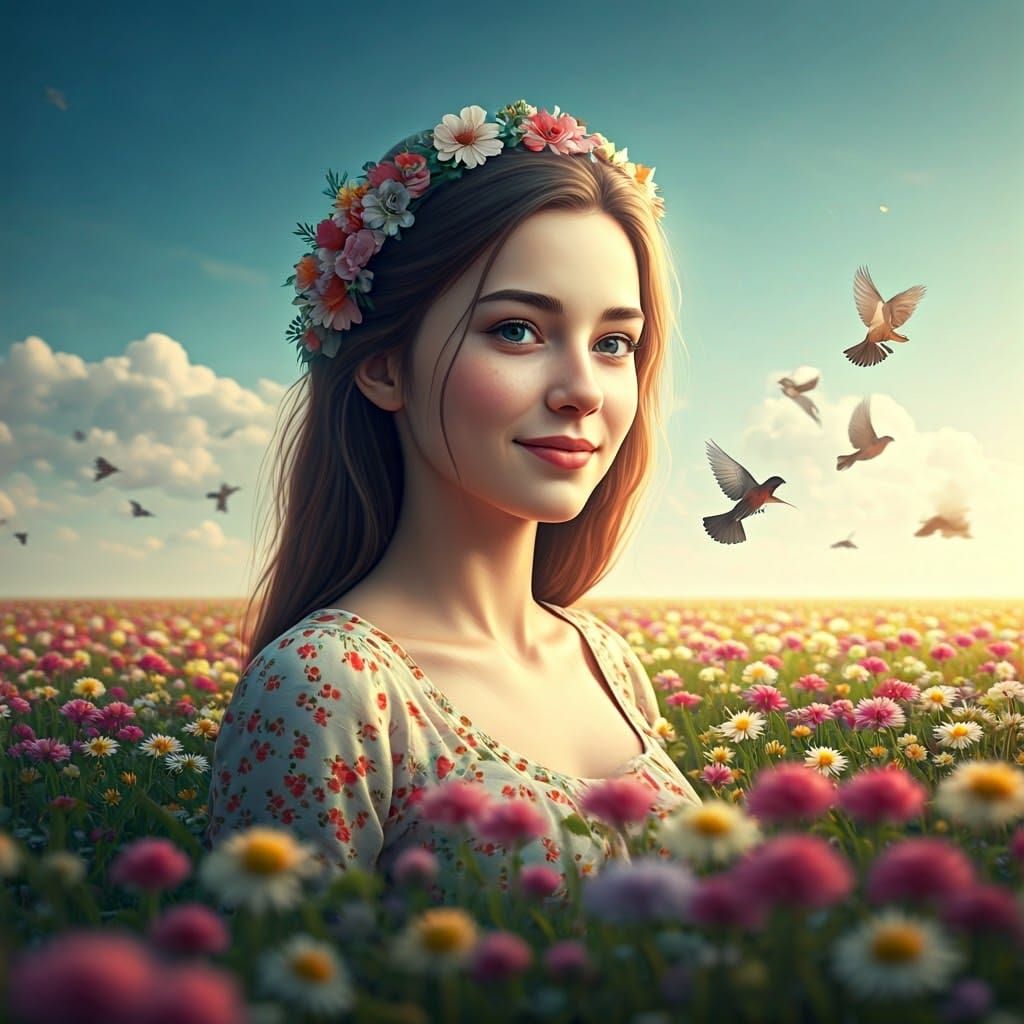 Woman in Flower Field, Hyperrealistic Image