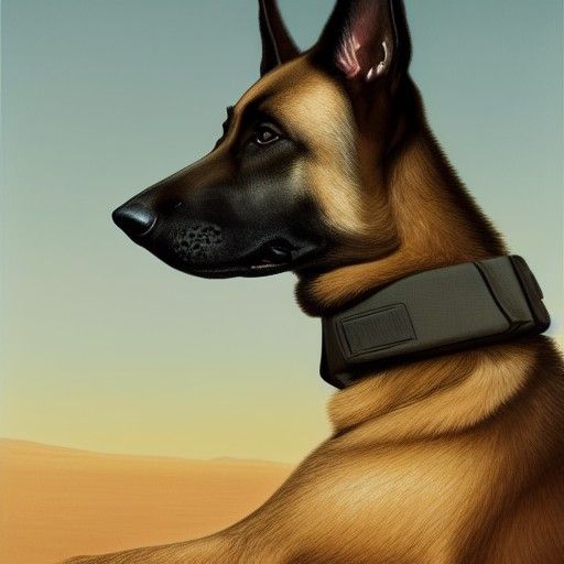 Alert Military Dog in Desert Sunset: Hyperrealistic Portrait