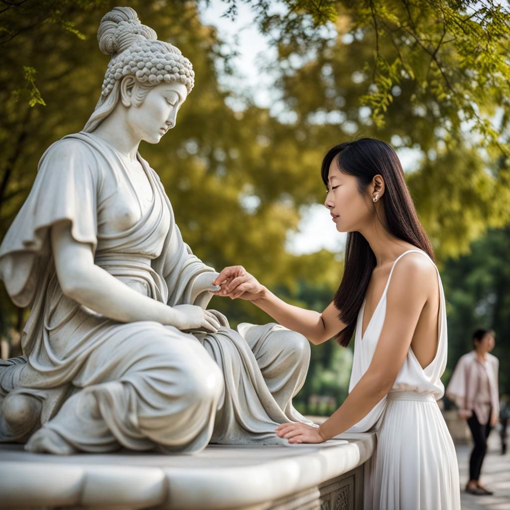 Asian Woman Touches Antique Statue in Park