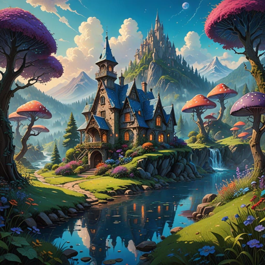 Whimsical Blue Fantasy Realm Inspired by Thomas Kinkade