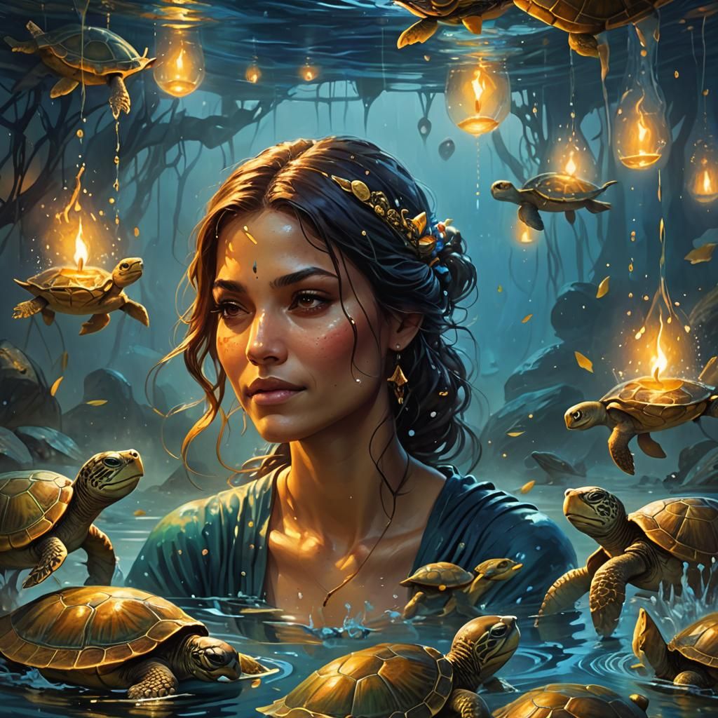Woman with Turtles in Candlelit Bath, Oil Painting